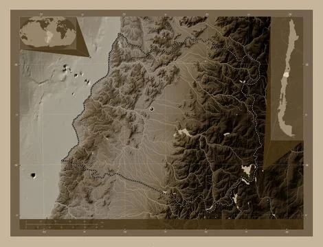 Maule, Chile. Elevation map colored in sepia tones with lakes and rivers Stock Illustration