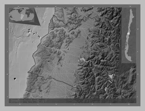 Maule, Chile. Grayscale elevation map with lakes and rivers Illustrazione stock
