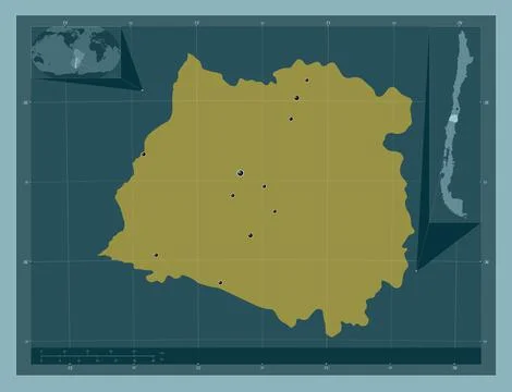 Maule, Chile. Solid color shape. Locations of major cities of the region Illustrazione stock