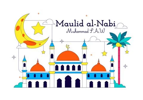 Maulid Nabi Vector Illustration Featuring Islamic Mosque, Crescent Moon, La.. 库存插图