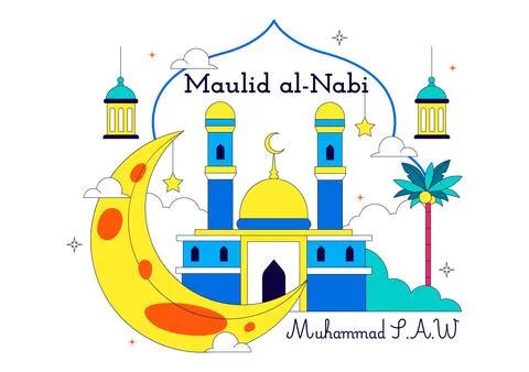 Maulid Nabi Vector Illustration Featuring Islamic Mosque, Crescent Moon, La.. 库存插图