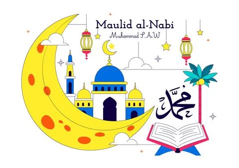 Maulid Nabi Vector Illustration Featuring Islamic Mosque, Crescent Moon, La.. 库存插图
