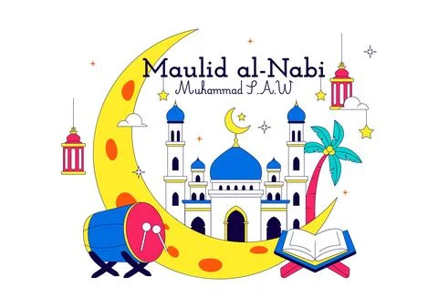 Maulid Nabi Vector Illustration Featuring Islamic Mosque, Crescent Moon, La.. 库存插图