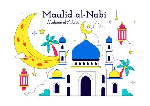 Maulid Nabi Vector Illustration Featuring Islamic Mosque, Crescent Moon, La.. 库存插图