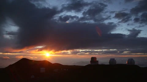 Mauna Kea Observatory at Dusk with Clouds and the Setting Sun Stock Footage 327296329