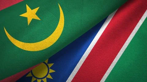Mauritania and Namibia two flags textile cloth, fabric texture Stock Illustration
