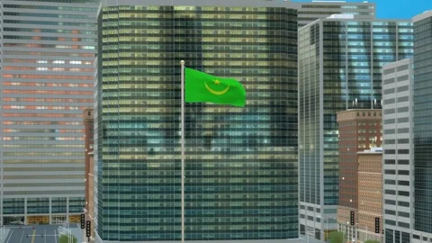 Mauritania Flag 3D Render Animation on Pole with Modern Business District Bu Stock-Footage 332882825