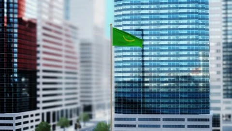 Mauritania Flag 3D Render Animation Waving in Front of Modern Glass Building Video stock 333074406