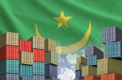 Mauritania flag and big stack of shipping cargo containers in docks with sky イラスト素材