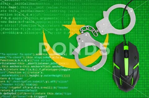Mauritania flag and handcuffed computer mouse. Combating computer crime, hac Stock Photos