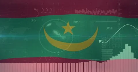 Mauritania flag showing data visualization in interface with globe, grids, line Illustrazione stock
