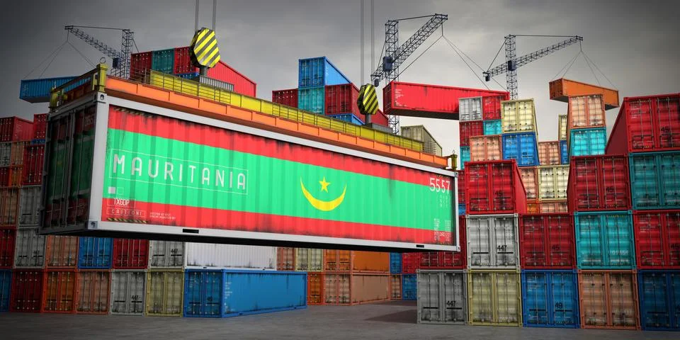 Mauritania - freight container in cargo terminal - 3D illustration Stock Illustration