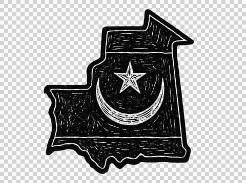 Mauritania map drawing showing crescent moon and star motif. Stock Illustration