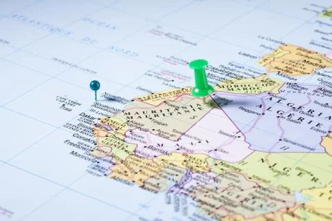 Mauritania map with green push pin Stock Photos