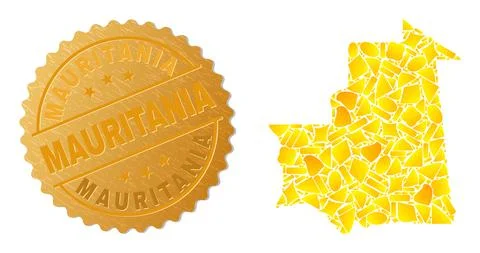 Mauritania Map Mosaic of Gold Elements and Metallic Mauritania Stamp Stock Illustration