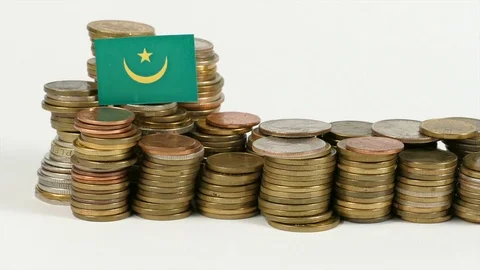Mauritanian flag waving with stack of money coins Stock Footage 71987605