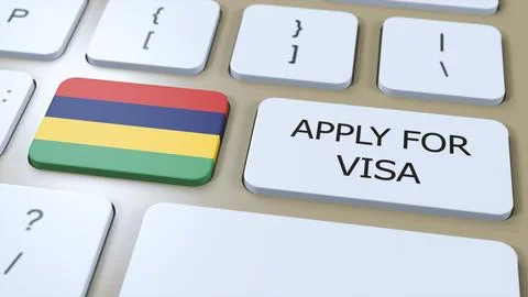 Mauritius, Apply for Visa Concept. Button Push 3D Illustration. Visa Apply for Stock Illustration
