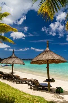 Mauritius beach, parasols, palms, green water, postcard motive Stock Photos
