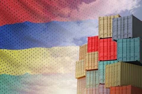 Mauritius flag and big stack of shipping cargo containers in docks with sky イラスト素材