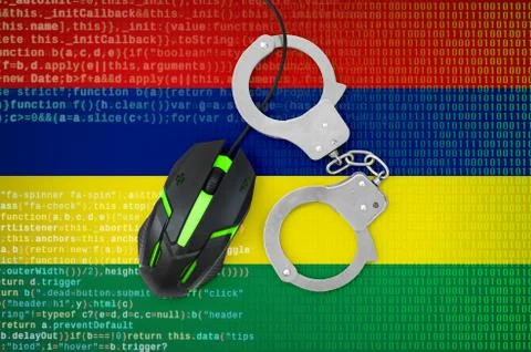 Mauritius flag  and handcuffed computer mouse. Combating computer crime, hack Stock Photos
