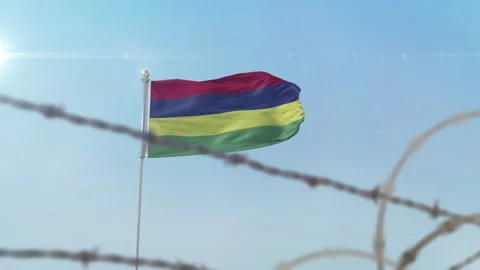 Mauritius flag behind border Stock Footage 137428729