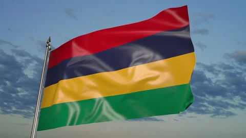 Mauritius flag on a flagpole. 3D animation against a blue sky with clouds Видео 205004410