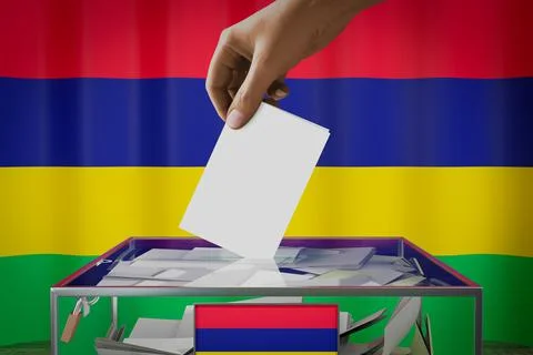Mauritius flag, hand dropping ballot card into a box - voting concept Ilustración de archivo