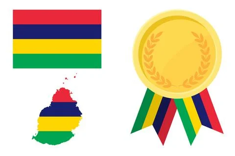 Mauritius flag with map and gold medal in set for web and banners or app an.. Stock Illustration