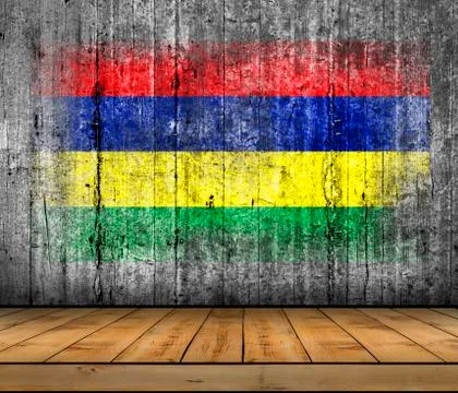 Mauritius flag painted on background texture gray concrete with wooden floor Foto stock