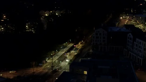 MAX Light Rail Transit Train at Station Portland Oregon Night Drone Aerial View Stock Footage 166741908