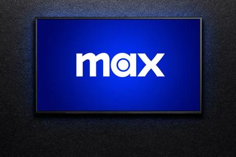 Max or HBO Max logo on TV screen. TV on black textured wall. HBO Max is an Am Stock Photos