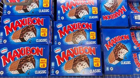 Maxibon ice cream boxes Stock Photos