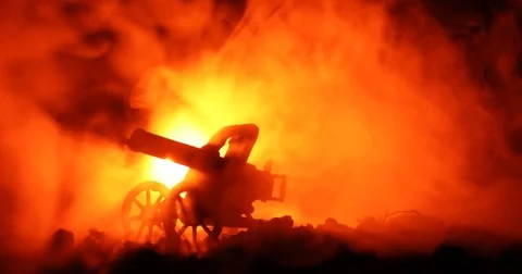 Maxim gun in 1910 sample year.  After battle scene with fog. orange background 스톡 동영상 84286767