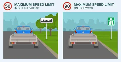Maximum speed in built-up areas and highways. Back view of a car towing trailer. Stock Illustration