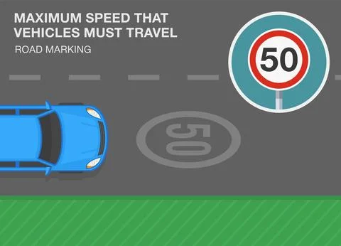 "Maximum speed limit that vehicles must travel" road marking. Street top view. Stock Illustration