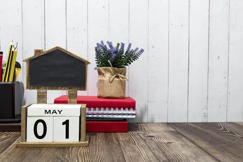 May 01 calendar date text on white wooden block a table. Stock Photos