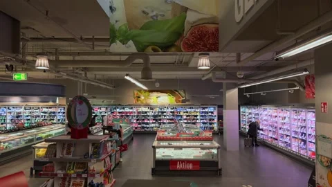 May 1, 2026. Munich, Germany. Edeka supermarket. Interior supermarket with wide Video stock 334063469