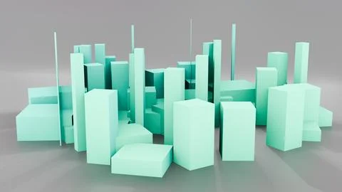 May 1 2026 Teal Mint Abstract City Skyline Buildings 3D Render Miniature Urban Stock Illustration