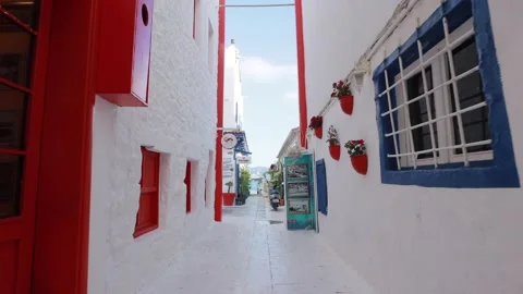 May 12, 2022 - Bodrum, Turkey: Cozy narrow street of Bodrum city. Turkish white Stock Footage 221044280