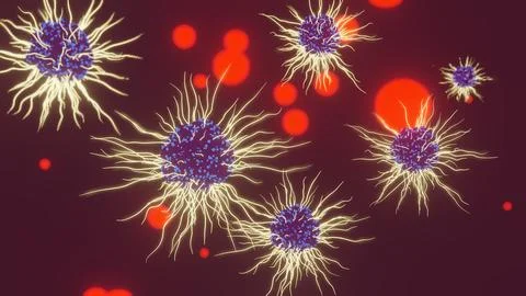 May 14 2026 Multiple Cells Filopodia Gold Particles Dark Maroon Background 4K Stock Illustration