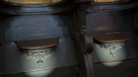 May 2, 2026 - Barcelona, Spain - Gothic cathedral choir stalls with wooden seats Stock Footage 325746352