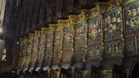 May 2, 2026 - Barcelona, Spain - Gothic cathedral choir stalls with wooden seats 库存影片 325747091