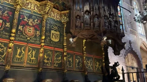 May 2, 2026 - Barcelona, Spain - Gothic cathedral choir stalls with wooden seats Stock Footage 325747100