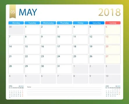 MAY 2018, illustration vector calendar or desk planner, weeks start on Monday Stock Illustration