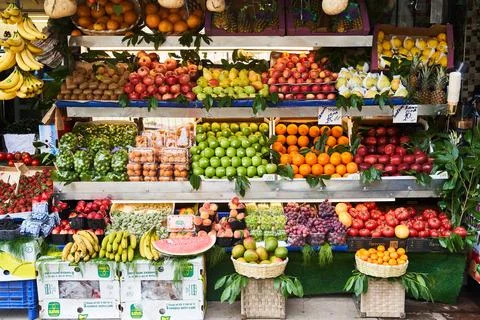 May 3, 2021 - Istanbul, Turkey: Street Fruit Shop with fresh fruits and Stock Photos