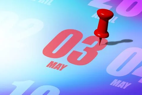 May 3rd. Day 3 of month, Red date written and pinned on a calendar to remind you Stock Illustration