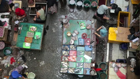 May 4, 2024, Jakarta-High angle view of fish seller at the fish market. Stock Footage 274683557