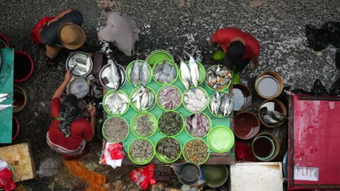 May 4, 2024, Jakarta-High angle view of fish seller at the fish market. Stock Footage 274685681