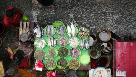 May 4, 2024, Jakarta-High angle view of fish seller at the fish market. Stock Footage 274688592