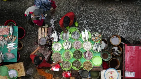 May 4, 2024, Jakarta-High angle view of fish seller at the fish market. Stock Footage 274688730